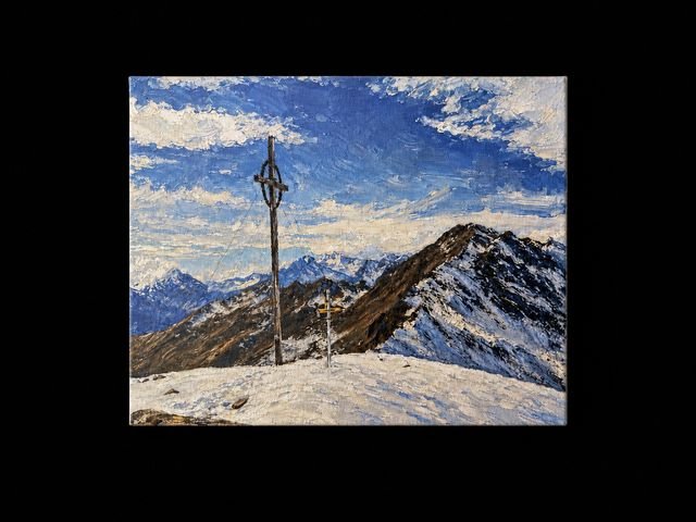 UV-bedrucktes Leinwandbild mit Berglandschaft und Gipfelkreuz