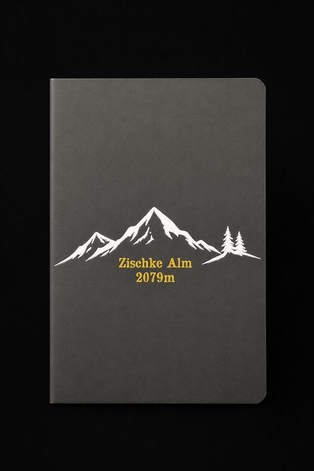 UV-bedrucktes Schild „Zischke Alm 2079m“ mit Bergmotiv