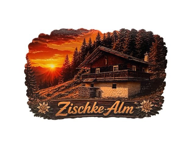 UV-bedruckter Sticker „Zischke-Alm“ mit Almhütte, Bergsonnenuntergang und Reliefstruktur